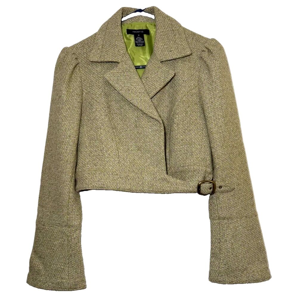 Arden B Green Tweed Cropped Blazer M Wool Blend Puff Shoulder Buckle Jacket